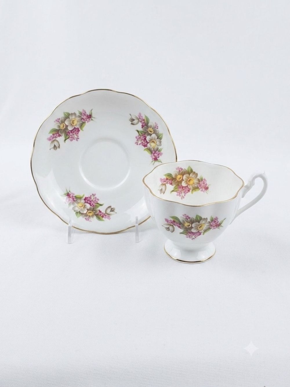 Vintage Floral Bone China Teacup & Saucer - White with Pink & Yellow Flowers